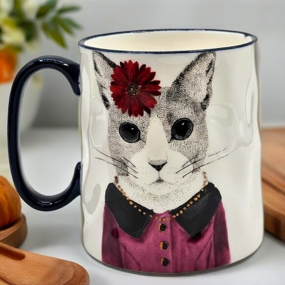 Hipster Cat Portrait Coffee Mug Signature Housewares 15oz Ceramic Cat Lover Gift - Picture 1 of 6